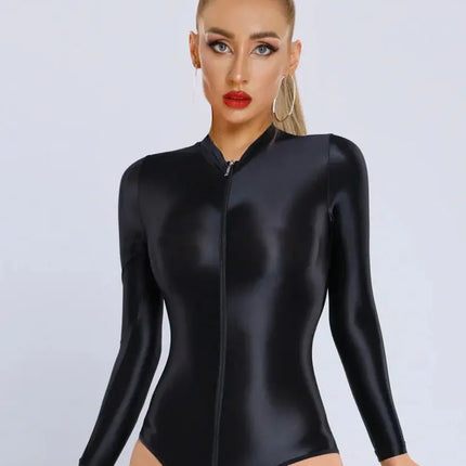 New Glossy Shiny Long Sleeve Swimsuit Zipper Crotch Bodysuit Tights Body Teddies Sukumizu High Elastic Leotard Unitard Tshirt