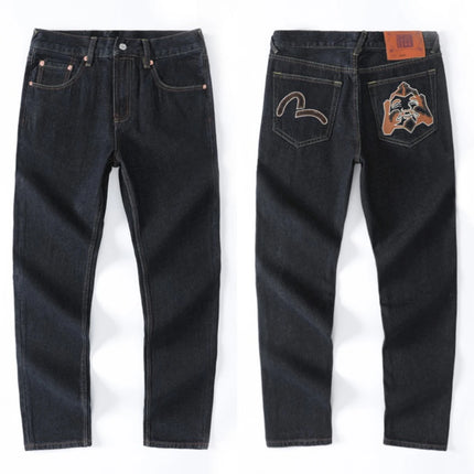 Japanese Handmade Embroidered Jeans Men's Pure Cotton Straight Tube Hip-Hop Popular Slim Red Ears Show Thin Trousers Devil Big M