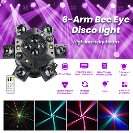 150W Moving Head Disco Light RGBW Remote Control DMX512 6 Arms Bee-Eyes Mini Beam DJ Party Lights Stage Effect for Events Club