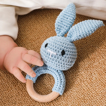 Wooden Baby Rattle Toy Handmade Crochet Sensory Toy for Newborn 0-3 Months,  Rabbit Rattle Toys Baby Gift Travel Accessories