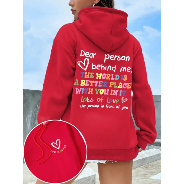 Women Dear Person Behind Me Rainbow Letter Print Hoodie Oversized Soft Fleece Hooded Sweatshirt Men Casual Street Pullover Tops