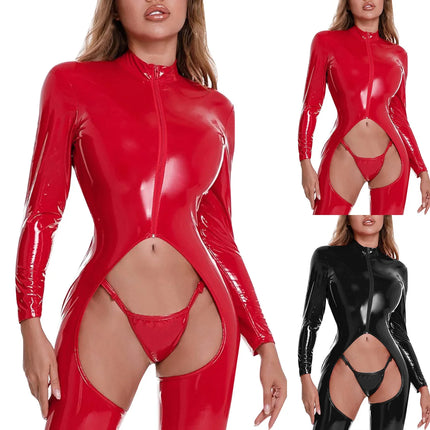 Women Sexy Lingerie Bodysuits Hollow Out Latex Catsuit Faux Leather Wetlook Jumpsuit Exotic Costumes PU Bodysuit Overalls Suit