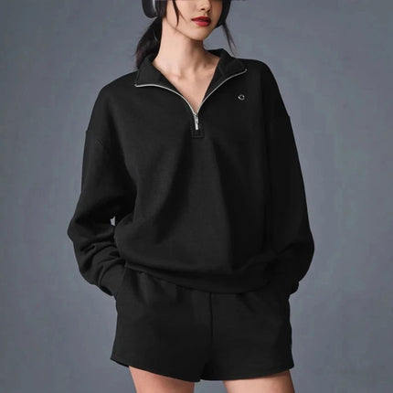 Cotton Casual Stand Up Collar Sports Hoodie Autumn Winter Fitness Clothing Long Sleeved Top Simple Elegant Loose Zipper Hoodie