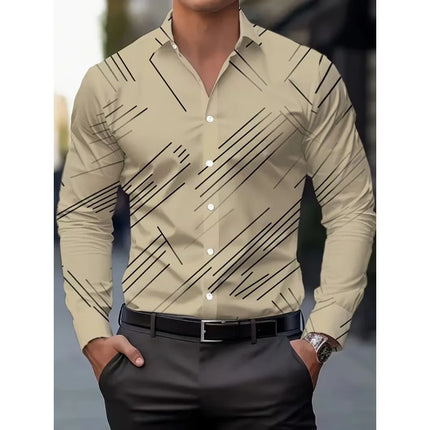 Men's Long Sleeve Geometric Line Print Dress Shirt Slim Fit Formal Casual Button Down Business Top Camisa Masculina De Negócios