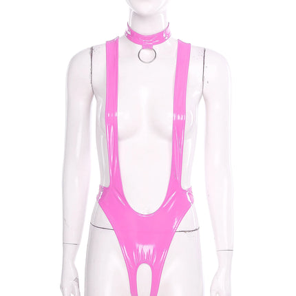 Womens Glossy Patent Leather Bodysuit and Choker Open Crotch Monokini Sling Leotard Swimwear with O-ring Clubwear Nightwear