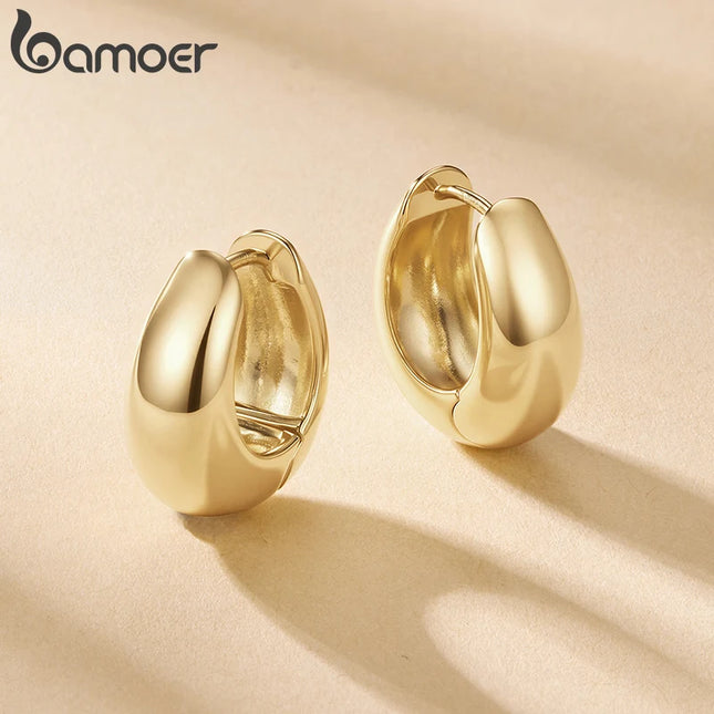 BAMOER 18K Gold Plated 925 Sterling Silver Post Glossy Hoop Earrings, High Polished Trendy Fashion Statement Jewelry for Women
