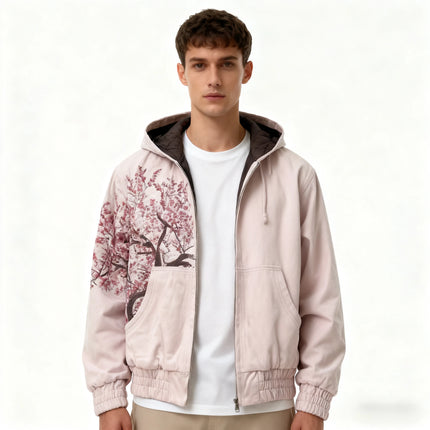 Y2K New American Casual Cherry Blossom Embroidery Zipper Hoodie Men Street Fashion Trend Fleece Padded Sweatshirt Unisex Hoodie