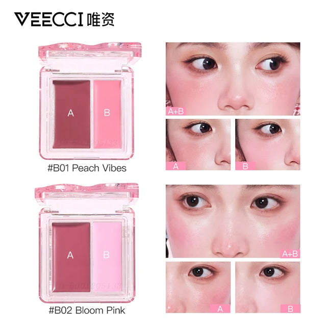 VEECCI Dual-color Watery Blush Cream Multi-functional Matte Cheek Rouge Creamy Moisturizes Longlasting Naturally Brighten Makeup