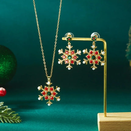 Luxury Zinc Alloy Christmas Jewelry Set Colorful Rhinestone Xmas Dangle Earrings Pendant Snowflake Necklace Women