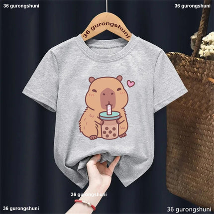Funny T-Shirt Capybara With Turtle Loves Bubble Milk Tea Printed T-Shirt Girls/Boys Kawaii Kids Clothes Harajuku Shirt Tops