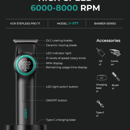 VGR 001 977 New Hair Trimmer Set High-End Men's Hair Clipper Smart Digital Display Electric Trimmer with Engraving and Whitening Functions
