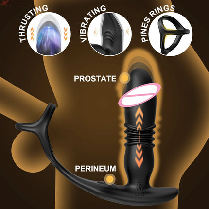 Wireless Remote Control Male Thrusting Prostate Massager 3 Moto Anal Plug Dildo Butt Plug Sex Toys for Men Telescopic Cock Ring