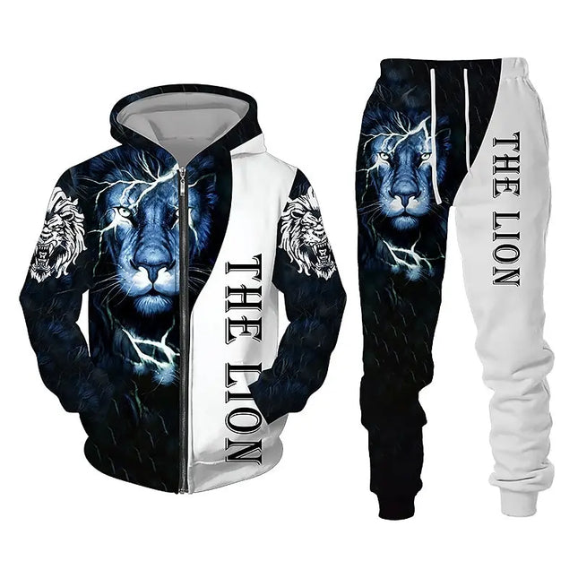 Men's Zip Hoodie Tracksuit Full Hoodies Set Lion Graphic Zipper 2 Piece Hooded Sports Outdoor Casual Sports 3D Print Streetwear