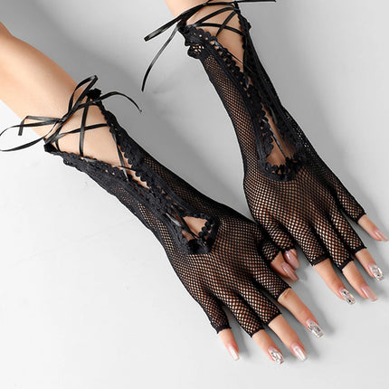 Women's summer sexy mesh strap gloves long half finger lace hollow Halloween cosplay performance etiquette gloves