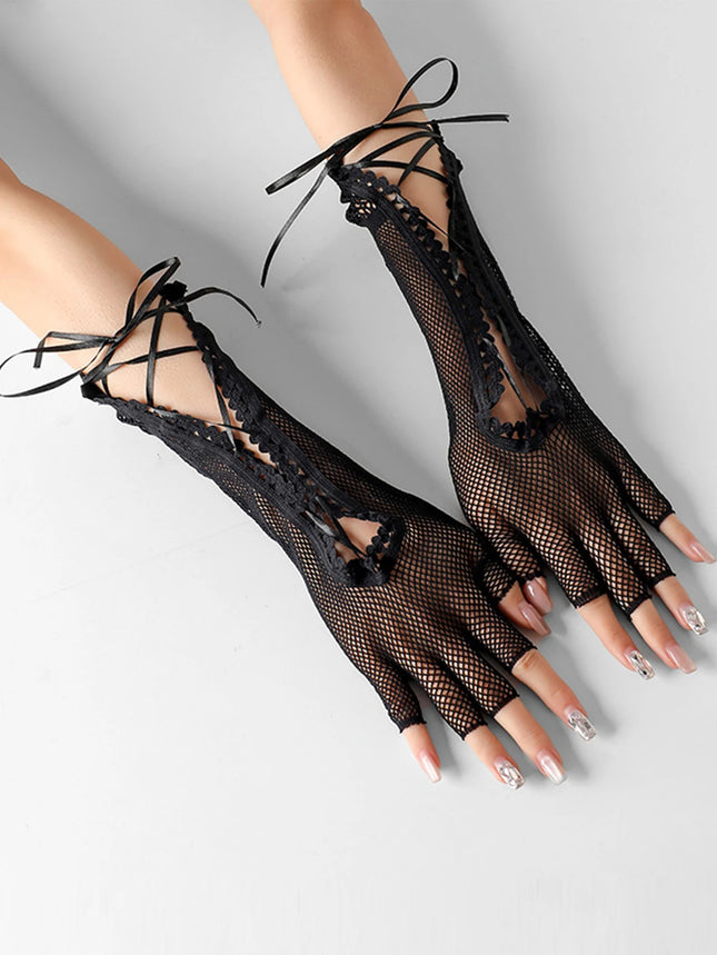 Women's summer sexy mesh strap gloves long half finger lace hollow Halloween cosplay performance etiquette gloves