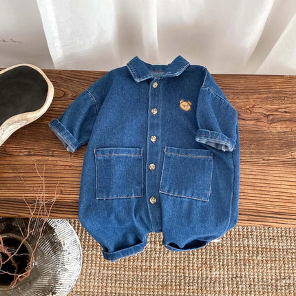 Korean Style Spring Autumn Baby Boy and Girl Romper Newborn Denim Open Button Single Breasted Lapel Casual Jumpsuit H90100