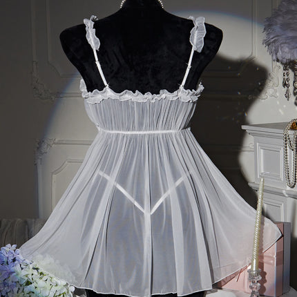 Women Erotic Lingerie Nightgown Summer 2024 Mesh See Through Suspender Nightdress White Lace Split Sexy Babydoll Set With Thong