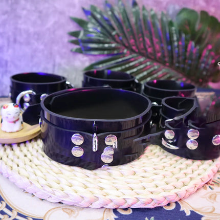 5mm thick Malay black natural latex material Cosplayrr latex restraint handcuffs collar and ankle cuffs K9 restraint set