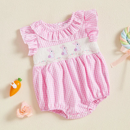 My First Easter Baby Girl Outfit Infant Plaid Bubble Romper Easter Bunny Embroidery Jumpsuit Cute Spring Clothes