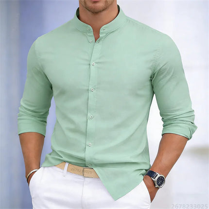 Men's stand-up collar white or black long-sleeved shirt, solid color shirt, slim fit business casual men's top, sizes XS-6XL.