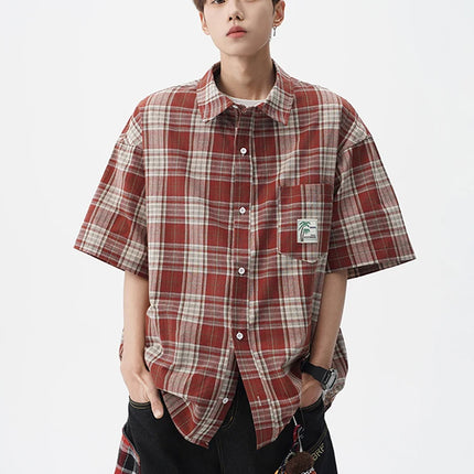 Summer High Street Fashion Plaid Short Sleeve Shirts Men's Pocket Appliques Baggy T Shirt 2026 New Y2K Vintage Luxury Blouse