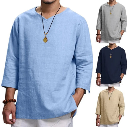 Men's New 3/4 Sleeve Loose Solid Casual Large Pullover Shirt