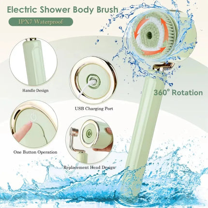 Electric Bath Back Scrubber Long Handle Ipx7 Waterproof Exfoliating Massage Shower Body Cleaning Brushes with 5 Brush Heads