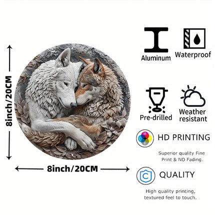 Wolf Couple Metal Wall Art - 8" Aluminum Round Wreath Sign - Weather Resistant HD Print for Home Decor