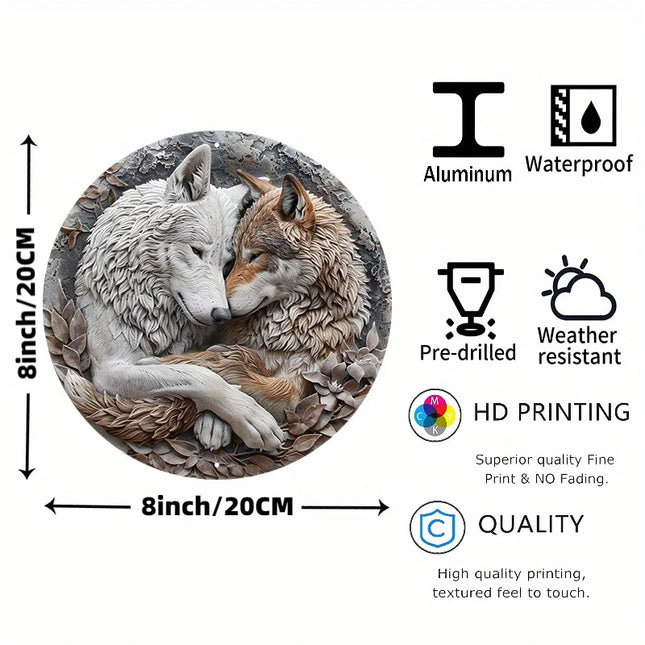 Wolf Couple Metal Wall Art - 8" Aluminum Round Wreath Sign - Weather Resistant HD Print for Home Decor