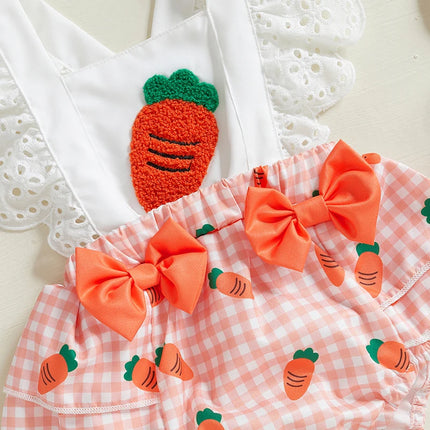 Easter Toddler Baby Girl Fly Sleeve Bodysuits with Bow Headband Infant Lovely Sleeveless Square Neck Carrot Print Jumpsuits