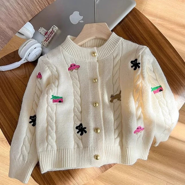 3 4 5 6 8 10 Years Girls Sweaters Spring Autumn New Cartoon Print Single Breasted Knit Cardigan ForTeen Kids Sweet Knitwear Coat