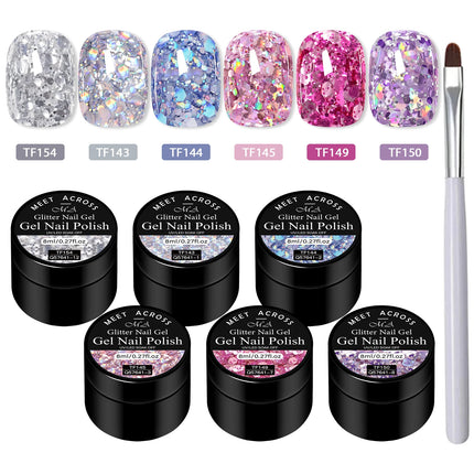 7PCS/SET Glitter Nail Polish,Sparkly Shiny UV LED Soak Off 6Colors Gel Polish Kit Home DIY Manicure Nail Salon Varnish With Tool