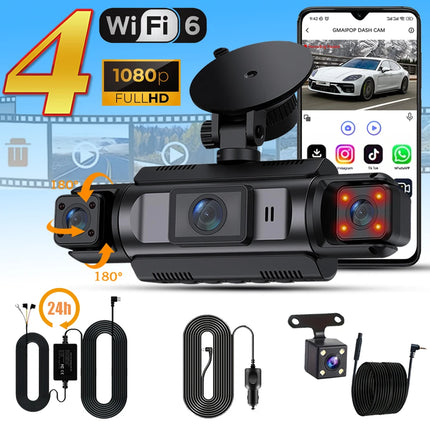 WIFI Car Dash Cam 4 Channel Black Box Driving Camera FHD 1080P Front Left Right Rear Night Vision Loop Recording Hardwire kit
