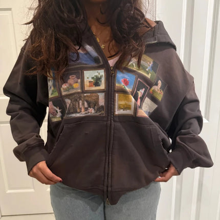 Y2K Retro Gallery Hoodie Brown Pixel Painting Art Pattern Zip Up Sweatshirt Trendy Classic Streetwear Unisex Oversize Clothing