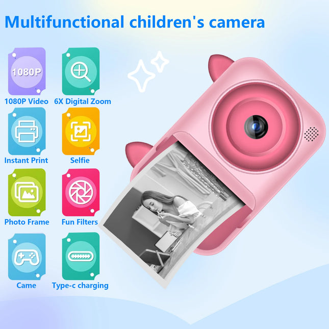 Kids Camera Instant Print Photo, Portable Thermal Printing Camera Toy with HD Digital Video, for 3-12 Years Old Boys Girls