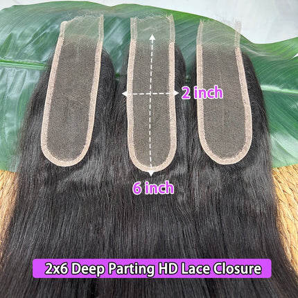 Light Yaki Straight 2x6 HD Lace Closure Deep Parting Preplucked Bleached Knots Lace Natural Color 100% Raw Virgin Human Hair