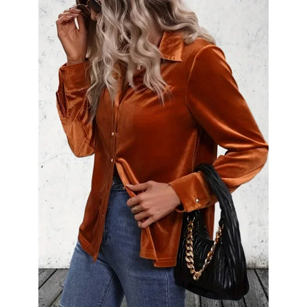 Plus Size 1XL-5XL Women Autumn Fashion Top Blouse Velvet Long Sleeve Solid Elegant Shirt Button Pocket Womens Long Sleeves