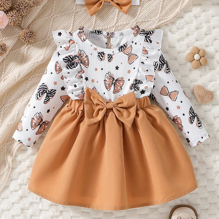 Baby girl cute cartoon bow pattern in spring and autumn, round neck long sleeved ruffle edge fake two-piece spliced dress and he