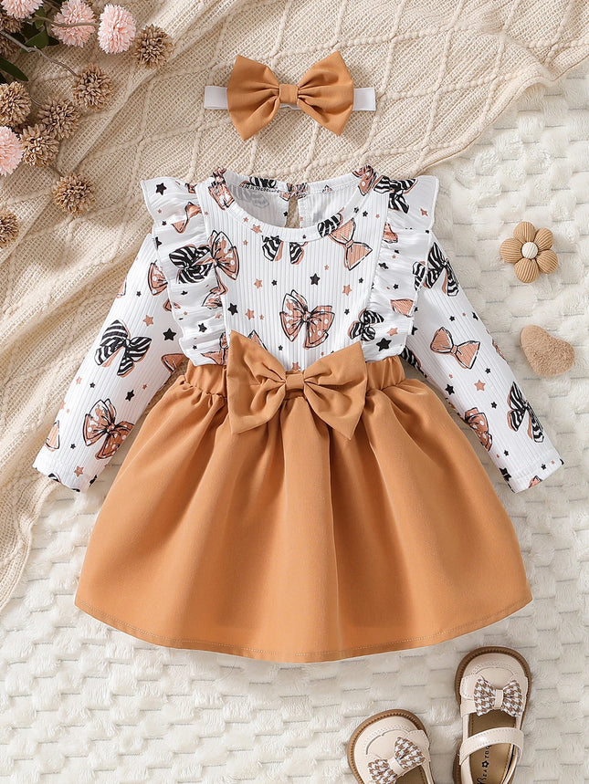 Baby girl's cute cartoon bow pattern long-sleeved ruffle-edged faux two-piece spliced dress for spring and autumn, with a round neck and matching he