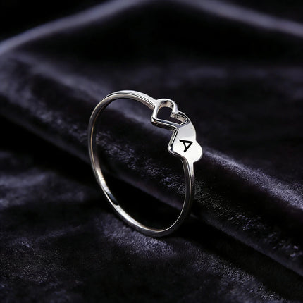 COOLTIME Initial Letter Ring for Women Stainless Steel A-Z Alphabet Double Heart Rings Fashion Wedding Anniversary Birthday Gift