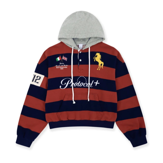 Preppy Style Striped Hooded Women's Contrasting Gray Hood Henry Collar Embroidered Casual Sportswear College Fashion Pullover