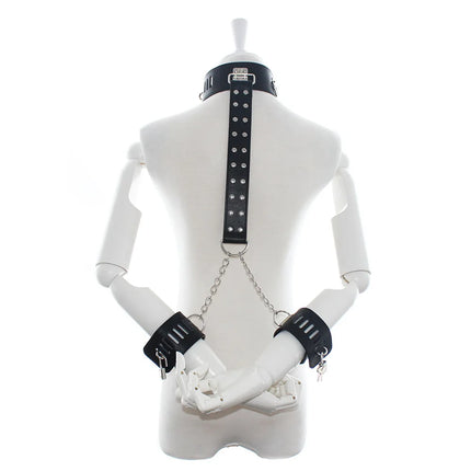BDSM PU Leather Neck To Wrist Restraint Set Back Bind Bondage Harness Choker Collar with Handcuffs Slave Role Play Adult Sex Toy