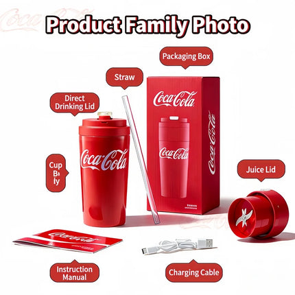 Coca-Cola 2-in-1 Portable Juicer Cup & Thermos 600ml Wireless USB Rechargeable 3000mAh 6-Blade Blender