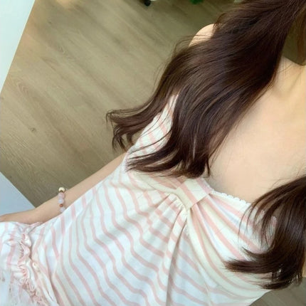 Deeptown Japanese Sweet Camis Women Kawaii Striped Pink Bow Sleeveless Vest Coquette Fashion Cute Summer Slim Up Ruffles Tanks