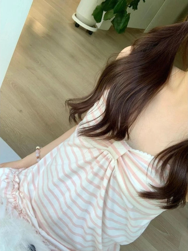 Deeptown Japanese Sweet Camis Women Kawaii Striped Pink Bow Sleeveless Vest Coquette Fashion Cute Summer Slim Up Ruffles Tanks