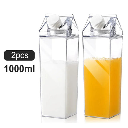 2pcs Milk Carton Water Bottle Transparent Plastic Square Milk Orange Juice Tea Container Box Sport Cup for Sports Travel Camping