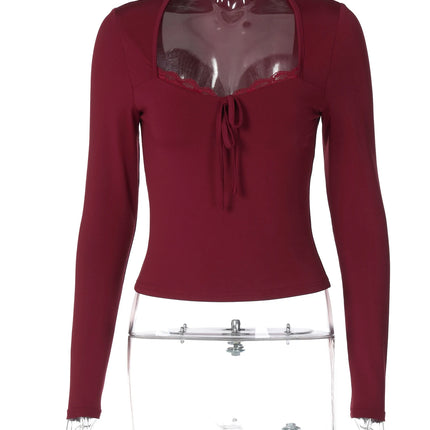 Hugcitar Elegant Long Sleeve Solid Patchwork Lace Bandage Sexy Crop T-Shirt Top Slim Fall Women Clothes Birthday Party Festival