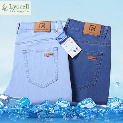 Lyocell Jeans Summer Ultra-Thin Elastic Straight Men's Denim Pants Fashion Korean Soft Drape Cool Business Casual Trousers