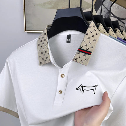 Men's summer high-end new silk short sleeved cartoon dog print pattern comfortable and refreshing Korean golf business T-shirt