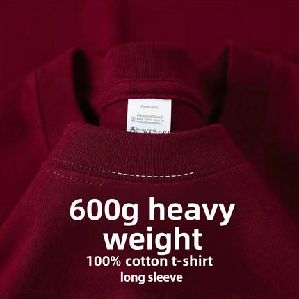 600G/㎡ Long-sleeved T-shirt Men's American Bundle Bottoming Shirt with Small Neckline Loose Pure Cotton Green Autumn Top Men's